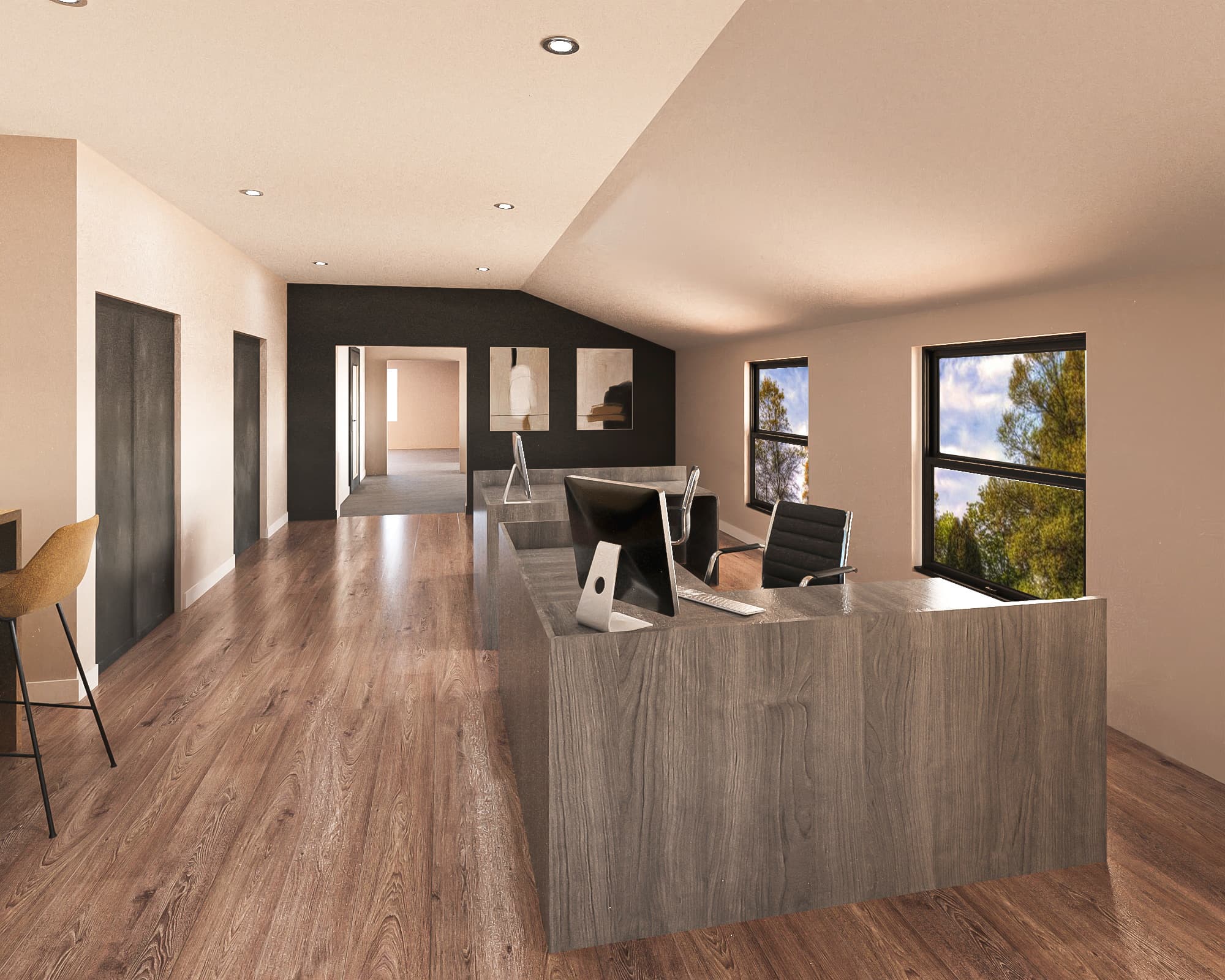 Contemporary office interior with a custom reception desk and layered lighting