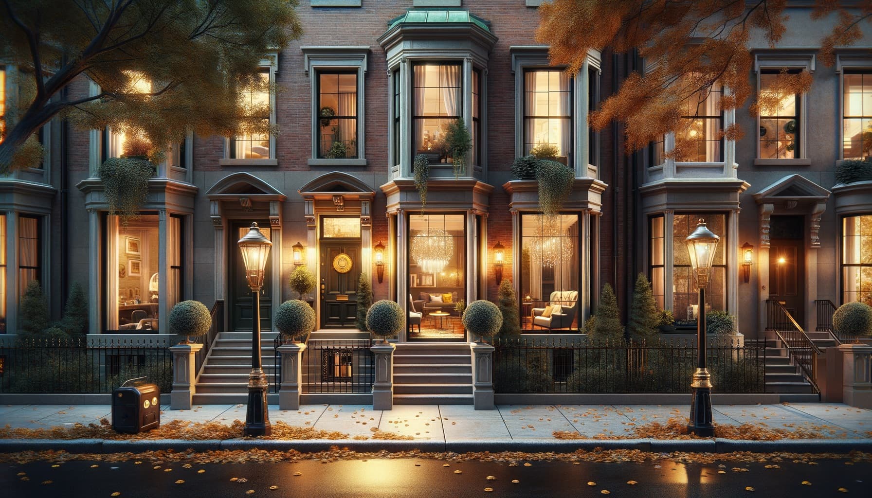 Row of Boston brownstones lit at dusk