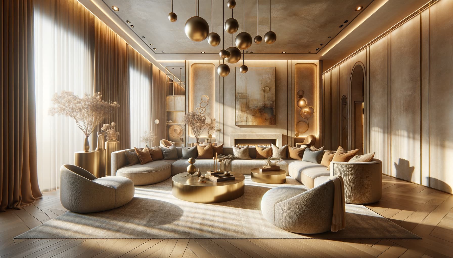 Living room with curved cream sofas, warm wood walls and brass pendant lights