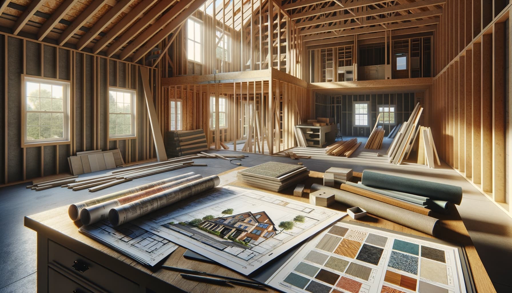 House framing with floor plans and finish samples laid out on a table