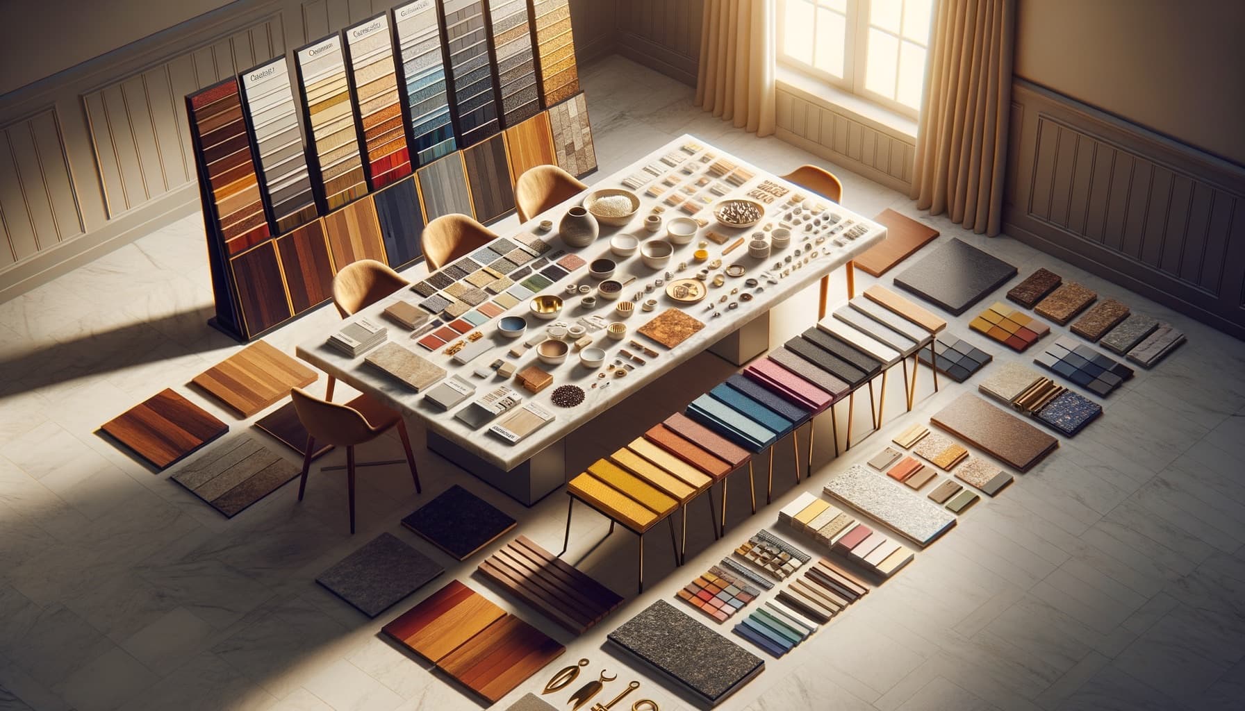 Flooring, tile and fabric samples laid out on a table
