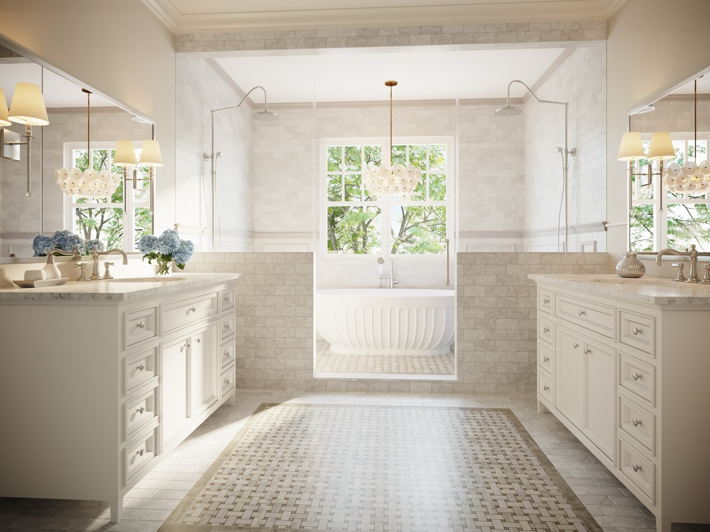 Ensuite bathroom with coordinated tile, cabinetry, and fixtures