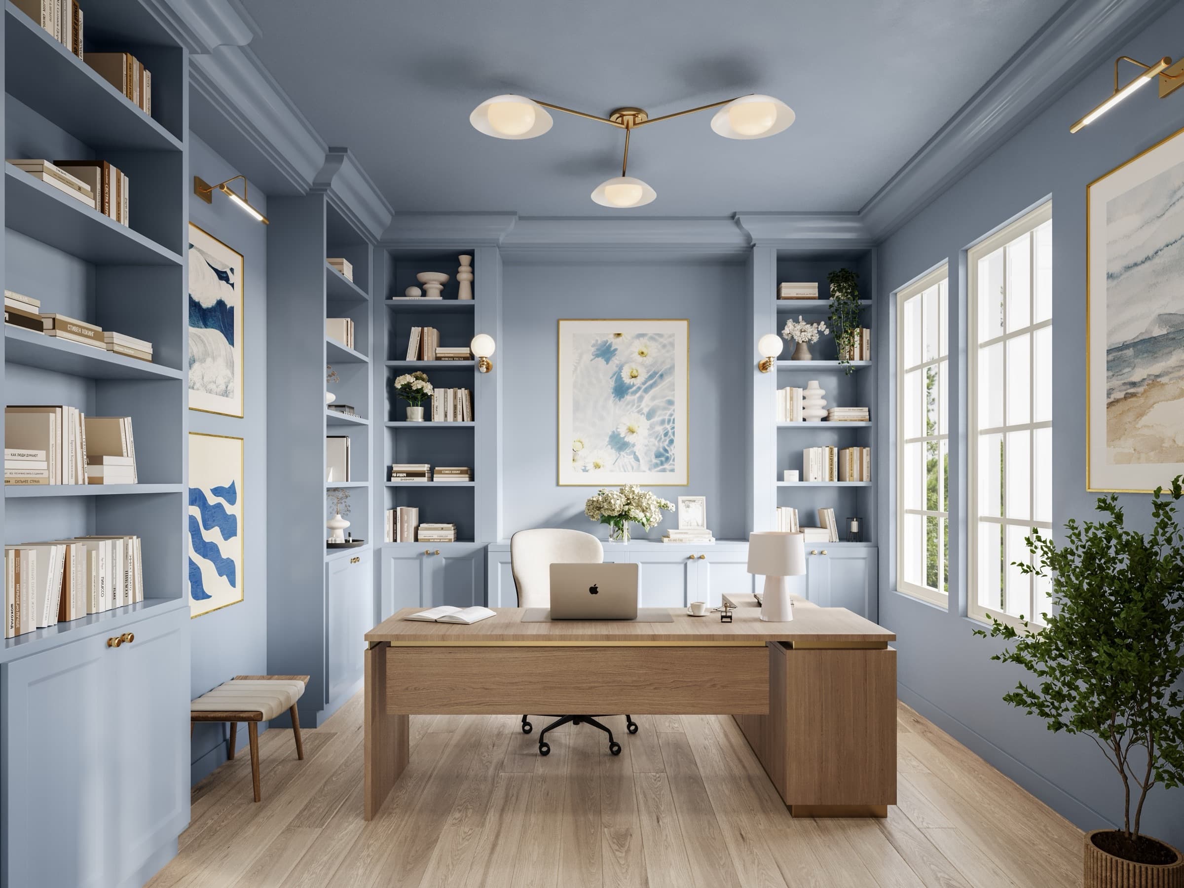Warm home study with custom finishes and furnishings
