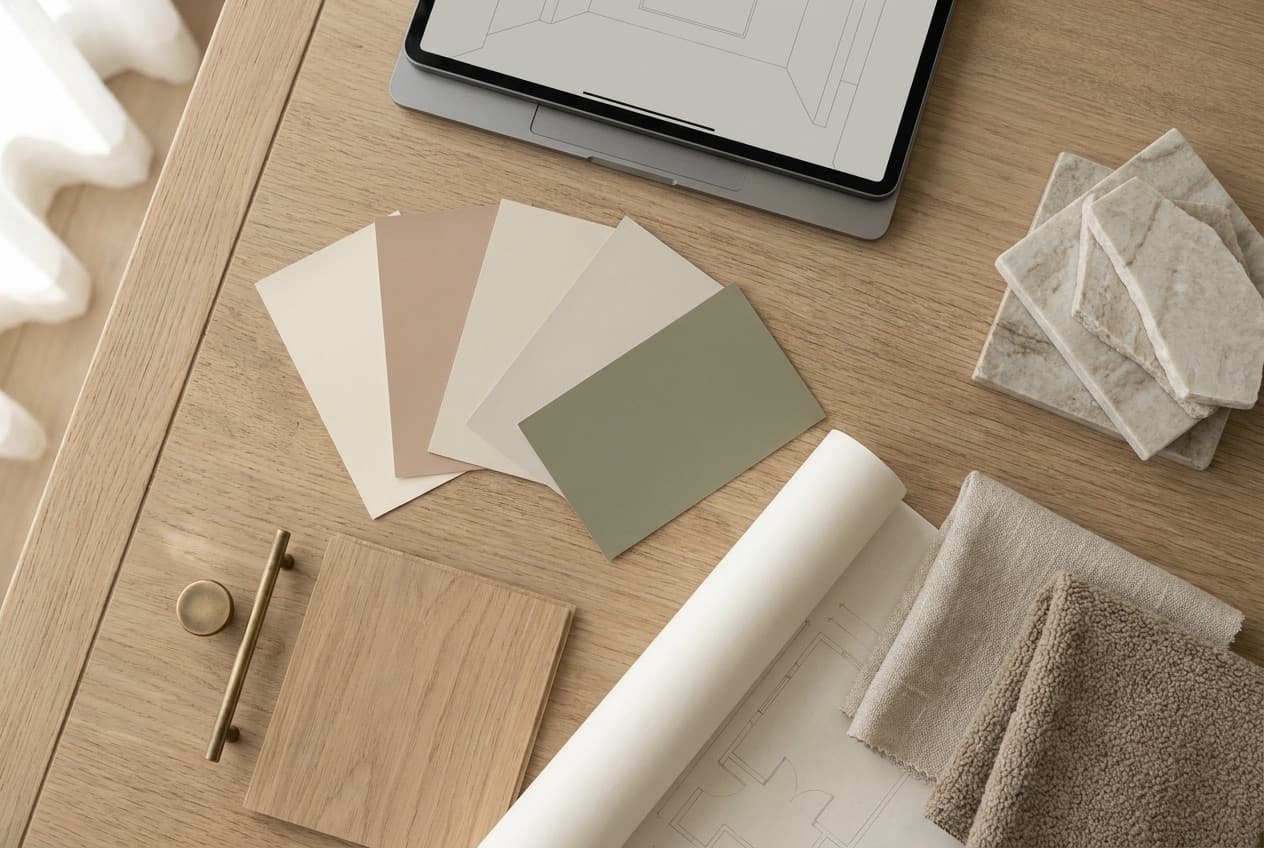 Interior design materials, finish samples, and room-planning tools arranged on a desk